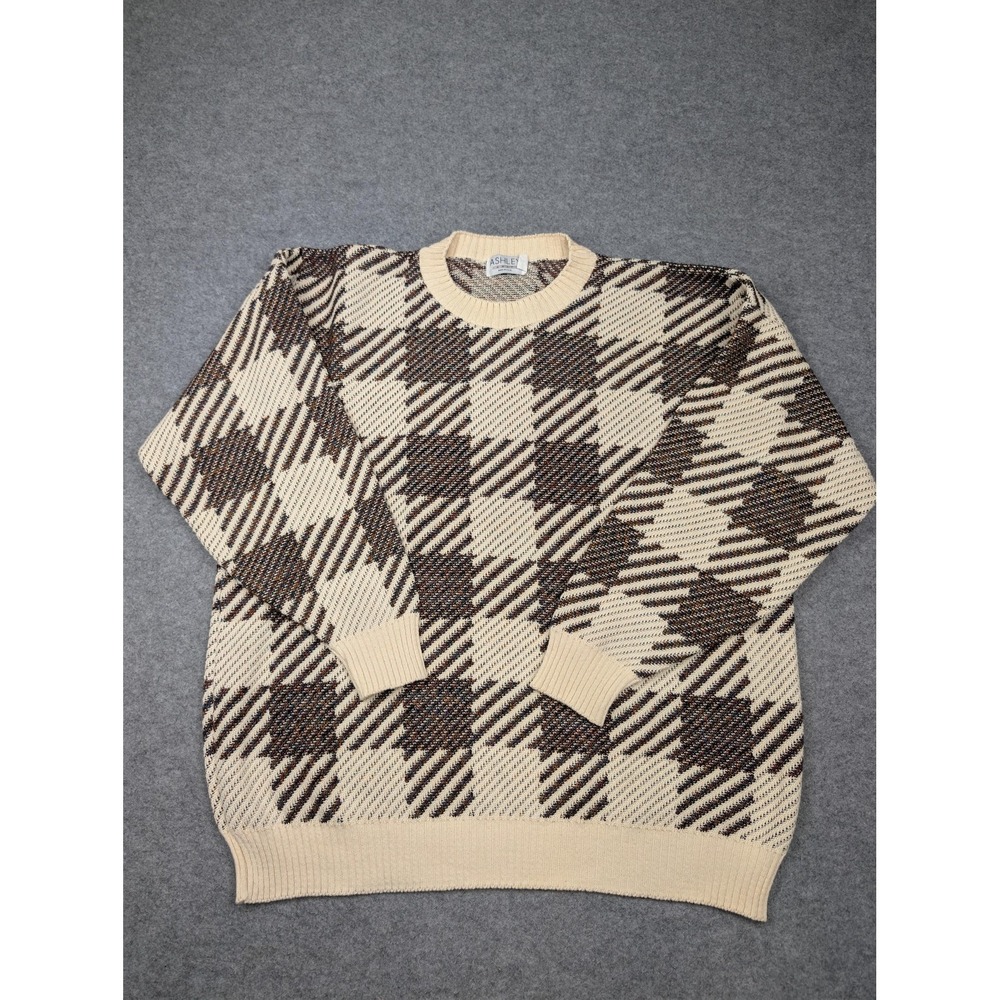 Vintage Ashley Sweater Mens 3XL Brown Plaid Cotton Crewneck Knit Pullover USA